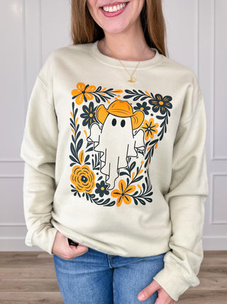 Phantom Wrangler Cotton Blend Long Sleeve Sand Avery Mae Graphic Crewneck Sweatshirt (Gildan)