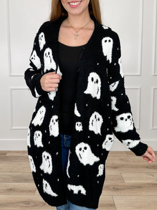 Reversible long-sleeve knit cardigan, black with white ghost print, open front