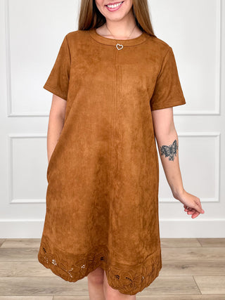 Cognac faux suede shift dress with short sleeves, heart neckline, lace-trim hem