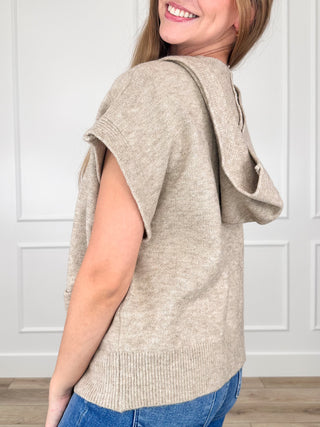 Uptown Girl Knit Short Sleeve Taupe Avery Mae Hooded Button Up Sweater Top