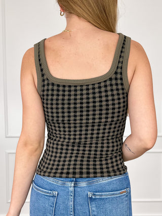 Olive green checkered cropped tank top, back view