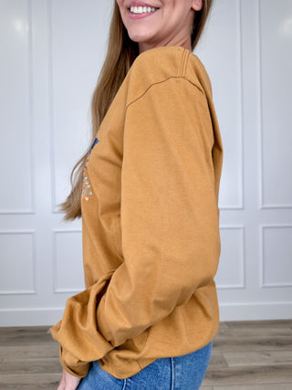Autumn Florals Cotton Long Sleeve Camel Avery Mae Graphic Tee Shirt (Bella+Canvas)