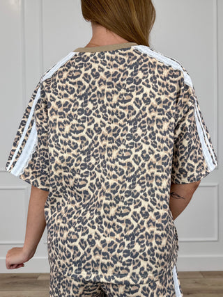 Leopard print knit short-sleeve top, back view, with white striped shoulder and sleeve trim