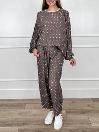 Brown dotted knit lounge set with long sleeves and high-rise barrel-leg pants
