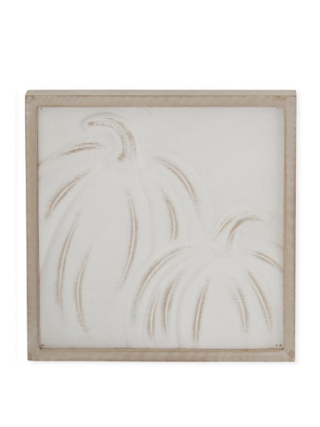 Fall embossed wood sign with wheat pattern in light sand on a white panel