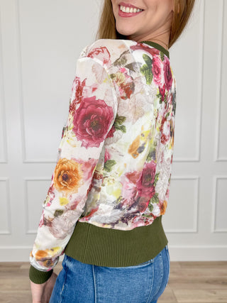 Floral sheer mesh cropped button-up cardigan with green ribbed cuffs, long sleeves