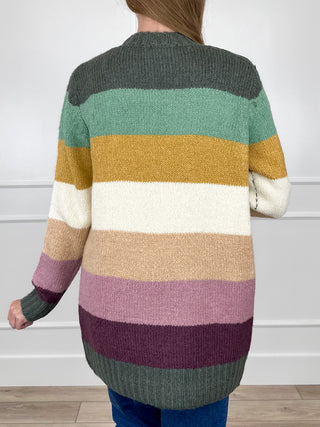Multi-color striped knit long-sleeve cardigan, back view, open front