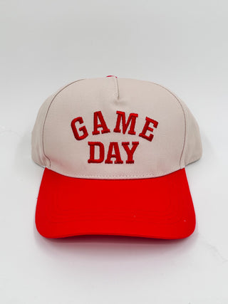 Game Day embroidered hat with beige crown, red brim, and red “GAME DAY” stitching