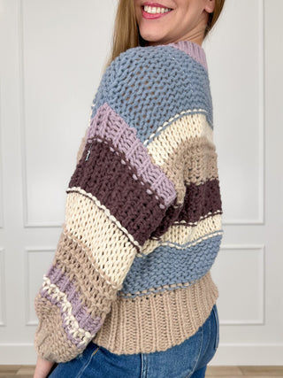 Blue, cream and dark brown striped knit long-sleeve sweater with crew neck