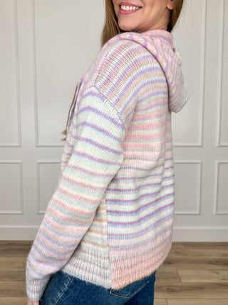Pastel striped knit zip-up hoodie sweater with long sleeves, side view