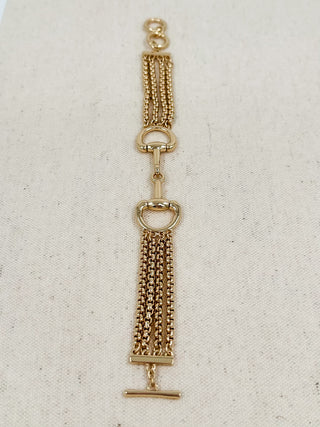 Gold chain drop bracelet with rectangular mesh bar charm and dangling bar