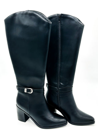 Black faux-leather tall boots with block heel and buckle strap