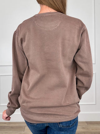 Brown crewneck sweatshirt with long sleeves, back view