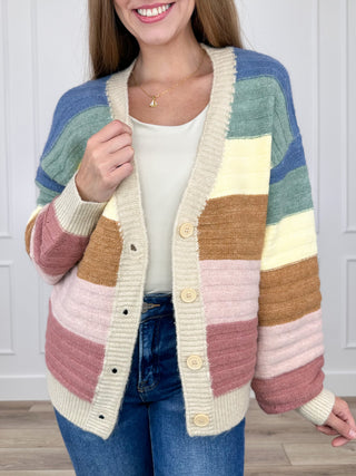 Multicolor knit cardigan, button-front long sleeves with stripe blocks and ribbed trim