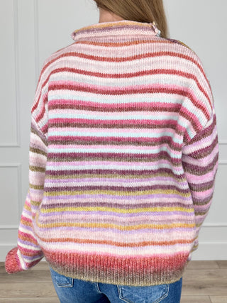 Multicolor striped knit long-sleeve mock neck sweater, back view
