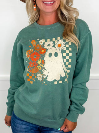 Floral Apparition Cotton Blend Long Sleeve Green Avery Mae Graphic Crewneck Sweatshirt