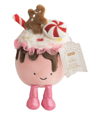 Holiday snuggles plush hot chocolate with candy cane topper, pink ruffle detail, tag, pink boots