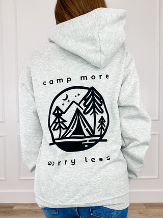 Camp More Worry Less Cotton Blend Long Sleeve Grey Avery Mae Graphic Hoodie Sweatshirt (Gildan)