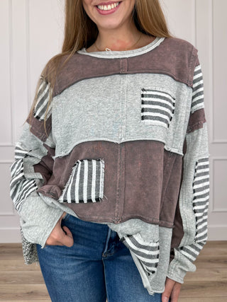Patchwork long-sleeve top, grey and brown with striped chest pocket