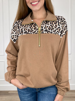 Long sleeve quarter-zip pullover top, brown with leopard print yoke and gold zipper