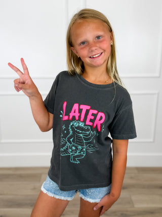 Kids grey cotton short-sleeve graphic tee with front 'LATER' gator text and teal outline