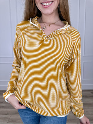 Yellow striped hooded long-sleeve pullover top with drawstring