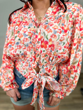 In Your Favor Rayon Blend Short Sleeve Cream Avery Mae Mom Cropped Button Up Top