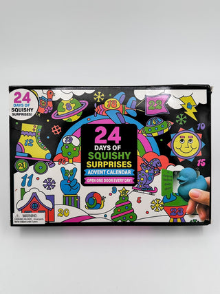 Squishy advent calendar box with colorful 24-day graphics and numbered doors