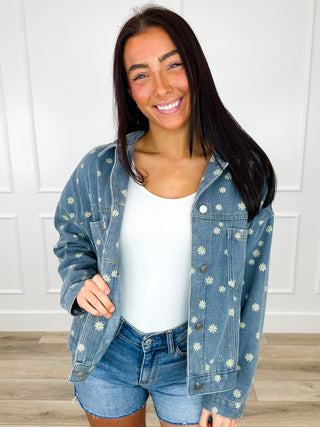 Sew In Love Field of Daisies Cotton Blend Long Sleeve Medium Wash Denim Jacket