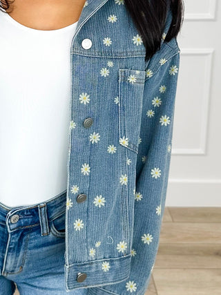 Sew In Love Field of Daisies Cotton Blend Long Sleeve Medium Wash Denim Jacket