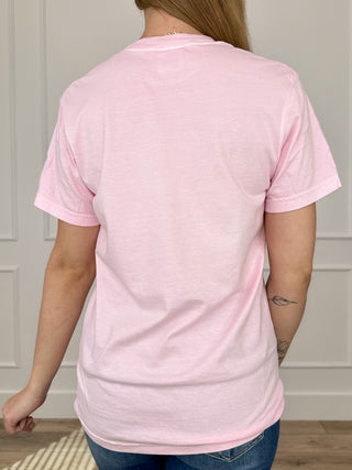 Pink cotton short-sleeve graphic tee, back view, crew neck