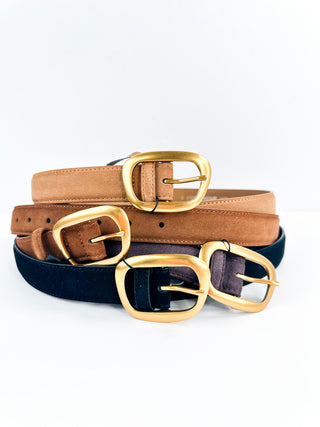 Leather belt set with tan, navy, and purple straps plus gold buckles