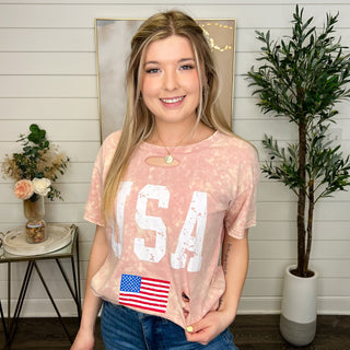 USA Distressed Cotton Short Sleeve Blush Avery Mae Graphic Top