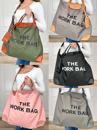 Work tote bag in olive green with orange leather handles and straps