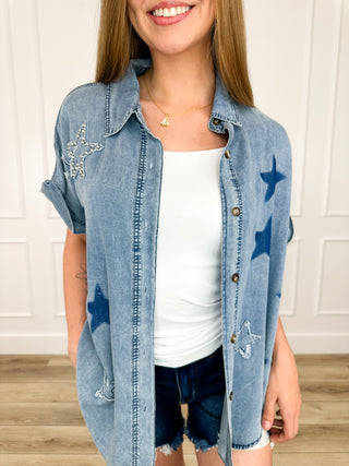 Sky is the Limit Short Sleeve Medium Wash Avery Mae Button Up Top