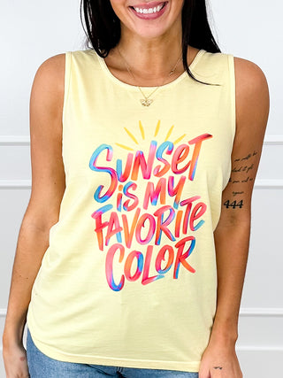 Sunset Splendor Cotton Yellow Avery Mae Graphic Tank Top (Comfort Colors)