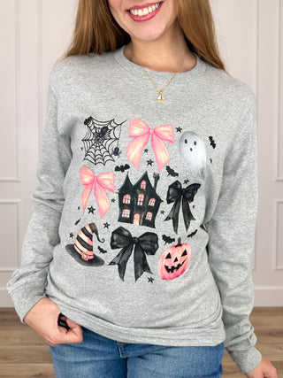 Gildan grey long-sleeve graphic tee with ghost, cat, pumpkins and bow accents