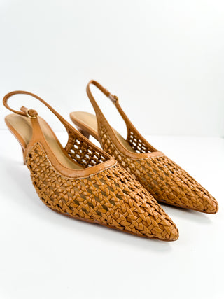 Tan faux leather slingback heels with woven upper and pointed toe, low heel