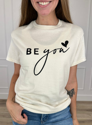 Cream cotton short sleeve graphic tee, 'Be you' text with line heart logo