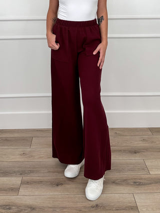 Tell Me This high-rise knit wide-leg pants in wine red, elastic waist and patch pockets