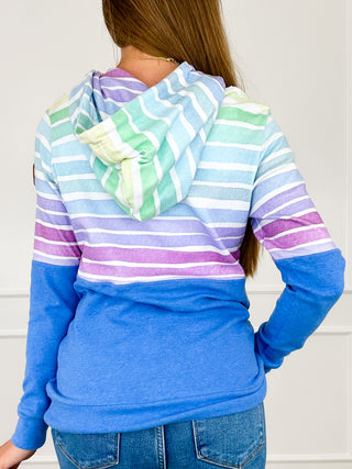 Back view of multicolor striped cotton-blend hoodie sweatshirt with hood and white drawstrings
