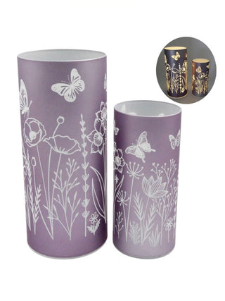 Purple LED glass decor set of two cylindrical candle holders with butterfly floral pattern