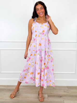 Floral sleeveless midi sundress in light lavender with pink and yellow flowers