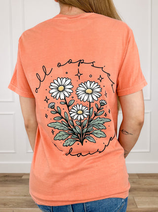 Orange short-sleeve tee with large back daisy bouquet graphic