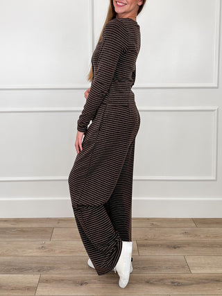 Brown striped knit button-top and high-rise wide-leg pants set, angled view