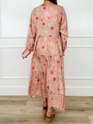Pink floral rayon midi dress, long sleeves and gathered tiered back