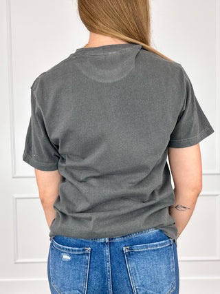 Grey short-sleeve T-shirt back view with plain fabric and crew neckline