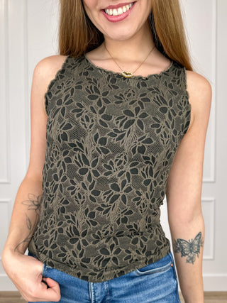 Knit tank top with floral lace knit pattern, olive-green sleeveless crew neck
