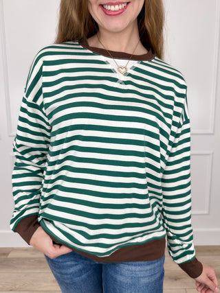 Green and white striped long-sleeve cotton-blend top with round neckline and ribbed cuffs