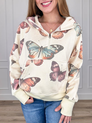 Summer Haze Cotton Blend Long Sleeve Cream Avery Mae Mom Cropped Half Zip Hooded Pullover Sweatshirt